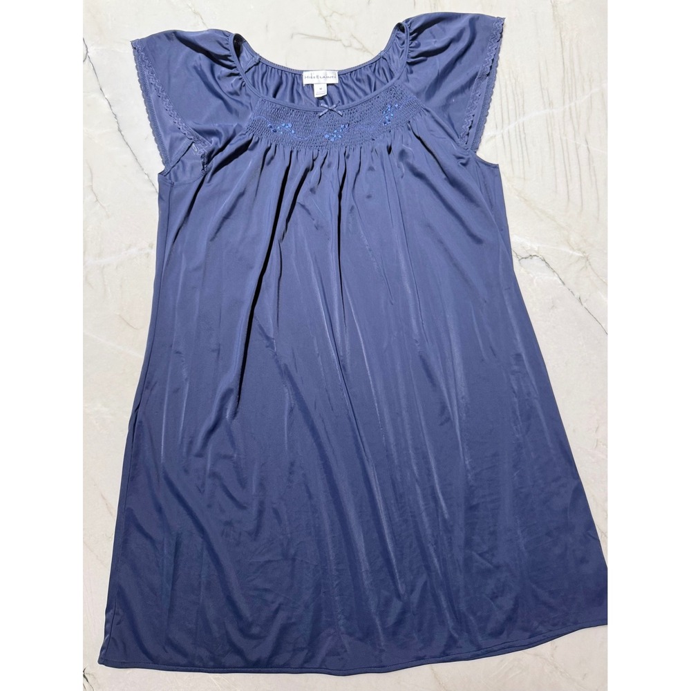 Miss Elaine Navy Blue Smocked Floral Embroidered Nightgown Flutter Sleeve Medium